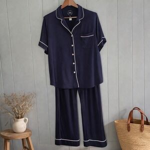 Cozy Earth Bamboo Pajama Set Navy Blue Short Sleeve XL Top M Pants Piped